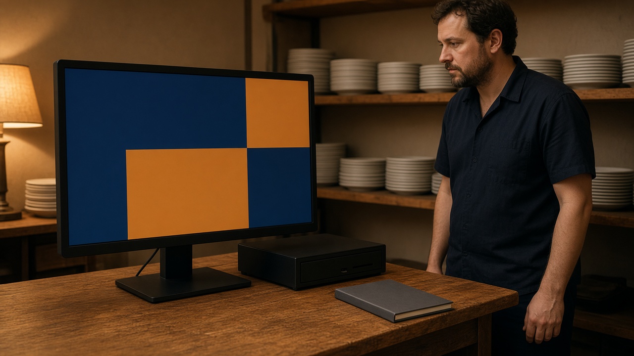 End-of-day POS close for fiscal records, with a shut drawer and the screen used for daily turnover