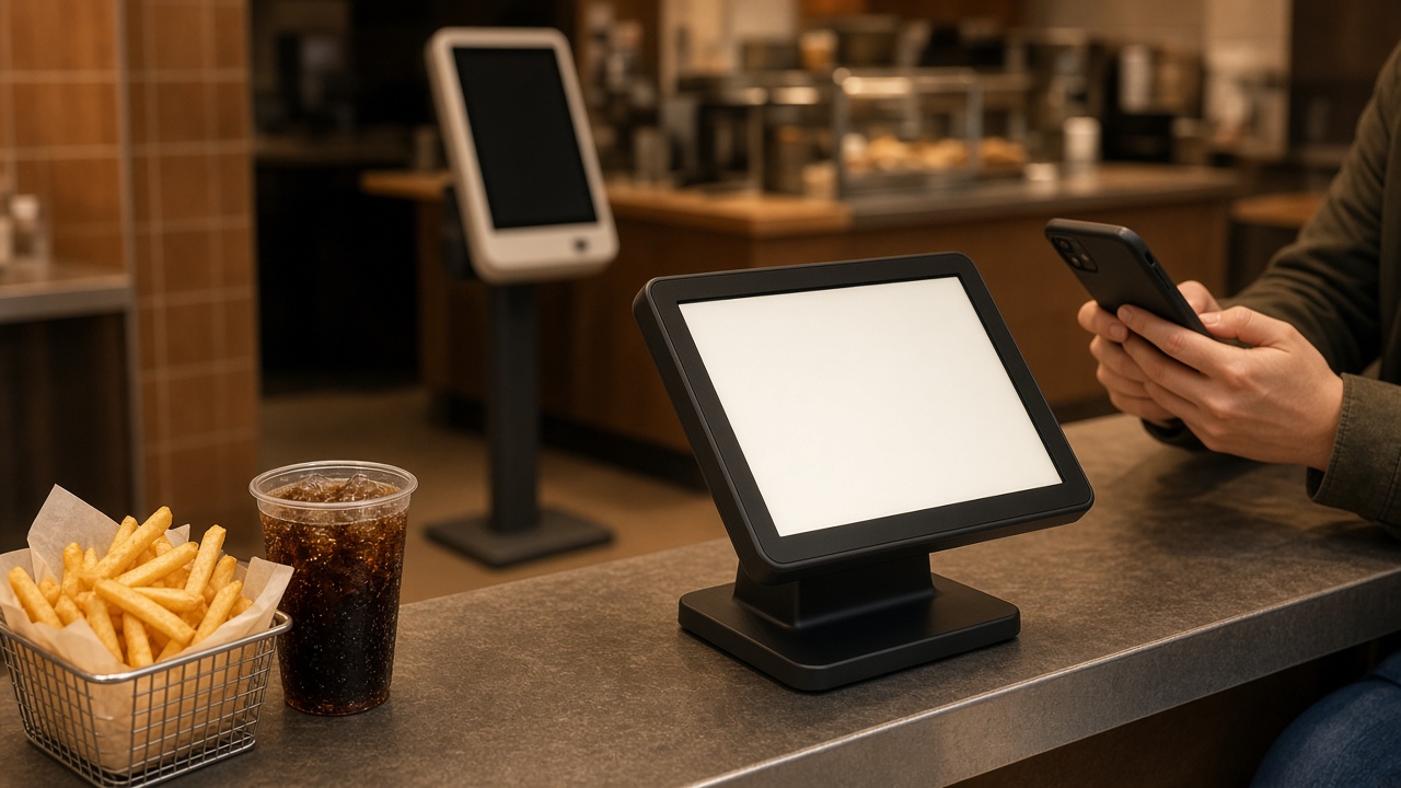 POS system on the counter, with an ordering kiosk and a phone for the ordering website behind it