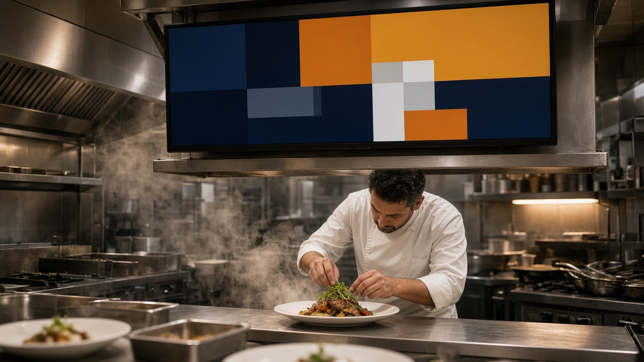 Keukenscherm boven de passe in een restaurantkeuken, in plaats van alleen een bonprinter