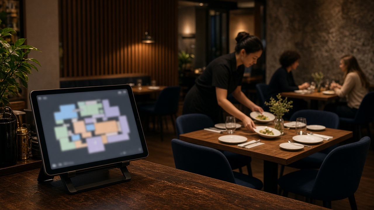 Table management on a screen in the dining room while a bill is being served at the table