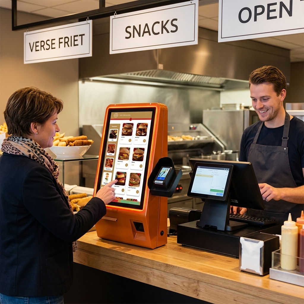 Sfeerbeeld van een cafetaria en friettent waar personeel de kassa gebruikt en klanten bestellen via de orderkiosk